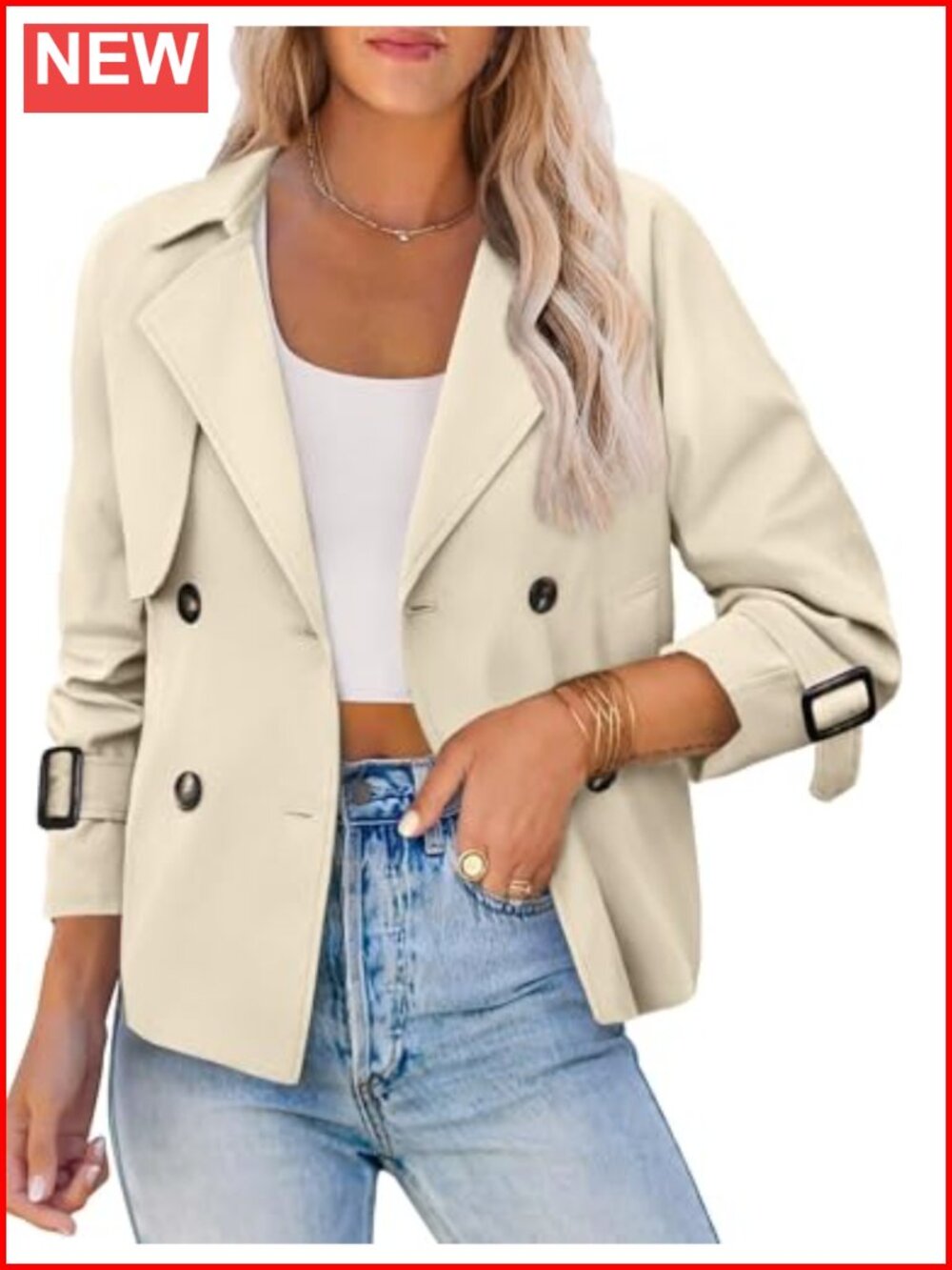 Womens Cropped Trench Coat Double Breasted Short Jacket Pockets